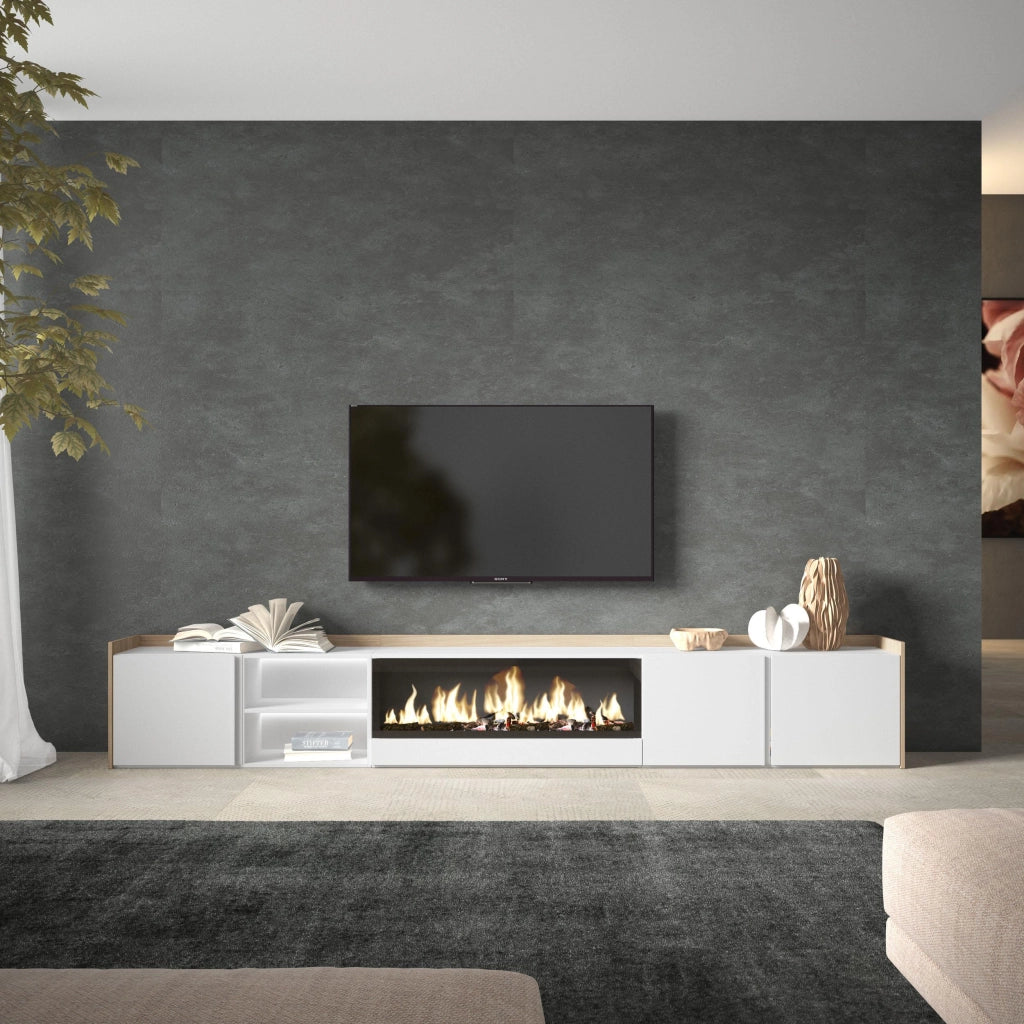 Mobile TV Soggiorno, 315x50x35 cm, Per TV fino a 80", Camino elettrico XXL, LED, Bianco e Rovere soft