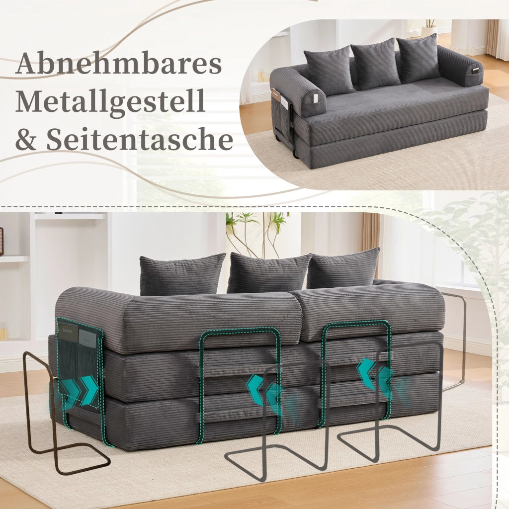 DIVANO modulare in velluto a coste 200x94x67 cm grigio scuro