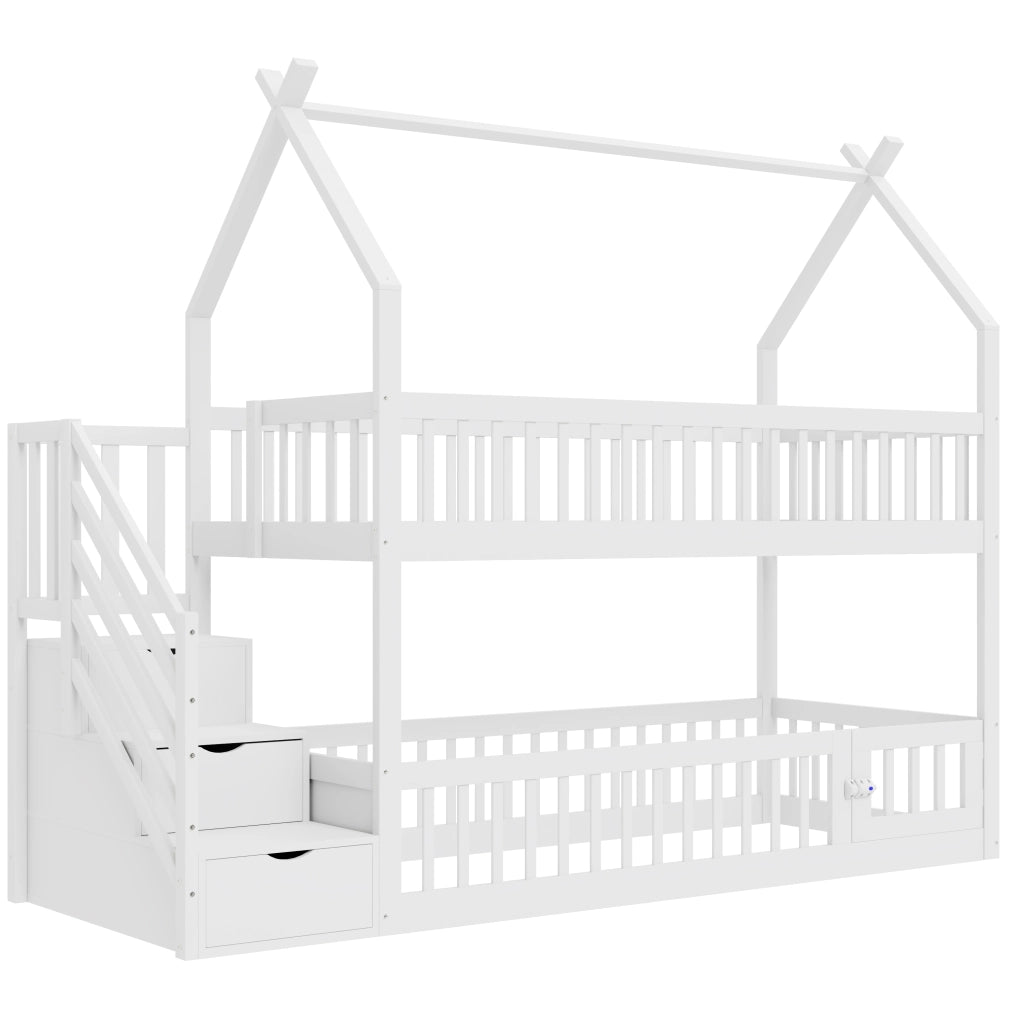 Letto a castello per bambini 90x200 cm in legno massiccio con tetto, scala con cassetti e letto inferiore multifunzionale