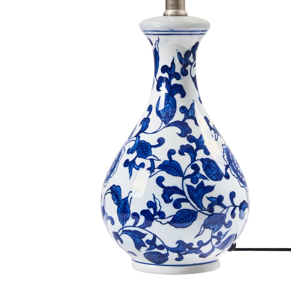 Lampada da tavolo Base in porcellana bianca e blu Paralume a tamburo in lino con patten floreale Illuminazione elegante