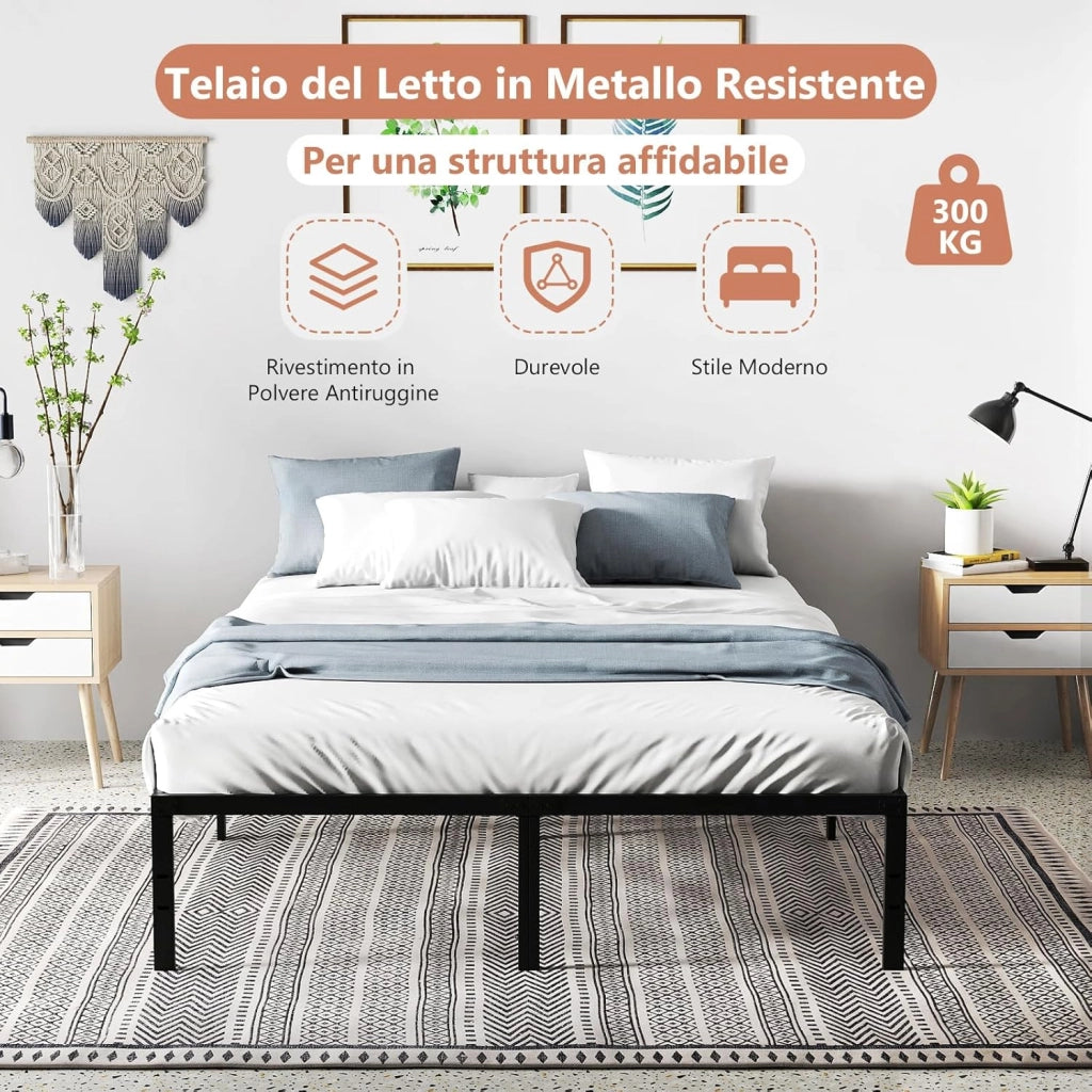 COSTWAY Struttura Letto Matrimoniale in Ferro 160 x 200 cm, Telaio Letto con 9 Piedini Anriscivolo, Supporto di Doghe Resistenti Capacità di 300 kg, con Spazio Sotto il Letto