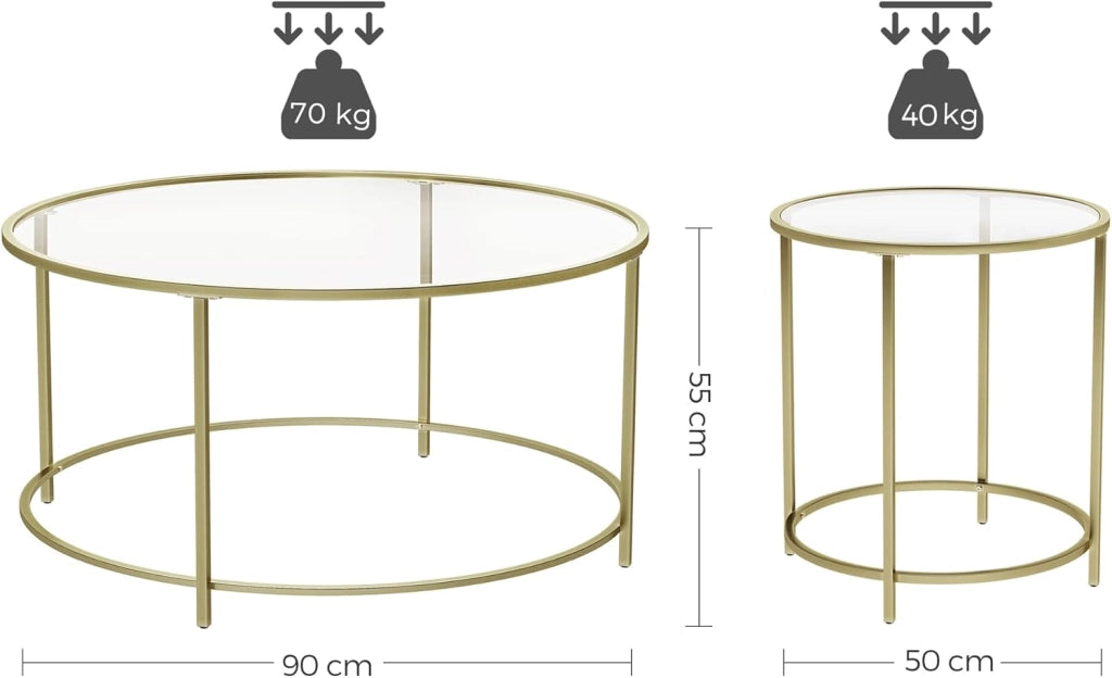 VASAGLE Tavolini Rotondi, Set di 2, Tavolini da Salotto, Tavolini da Divano, Piano in Vetro Temperato con Struttura in Metallo, Comodini, per Balcone, Dorato LCT628B01
