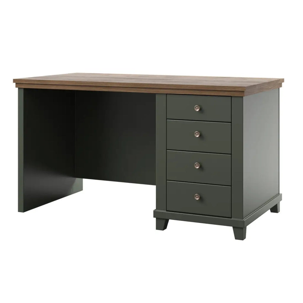 Scrivania ASSIA 140 cm verde scuro e legno - 4 cassetti con maniglie a bottone - Eleganza chic