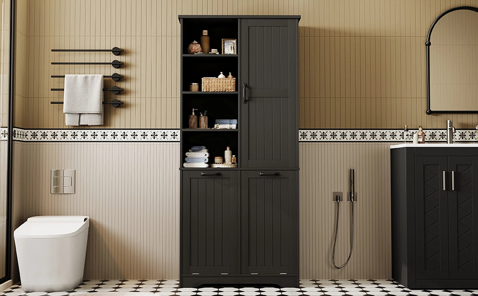 Armadietto da bagno con 1 anta 2 cesti portabiancheria e ripiani regolabili in MDF nero 78 × 35 × 172,7 cm