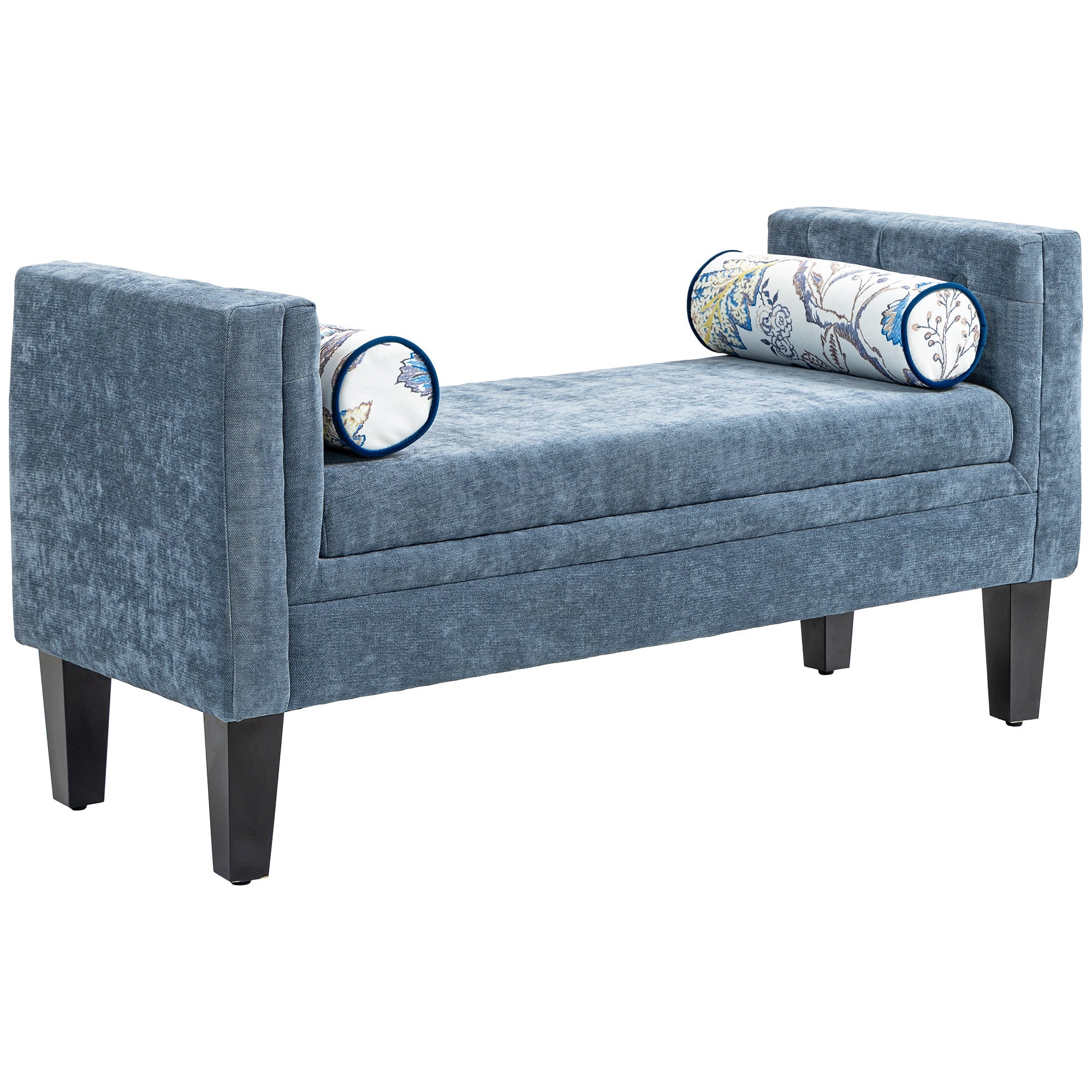 Panca Fondoletto Braccioli Trapuntati e 2 Cuscini 115,5x45x56 cm in Ciniglia e Legno Grigio-Blu e Nero