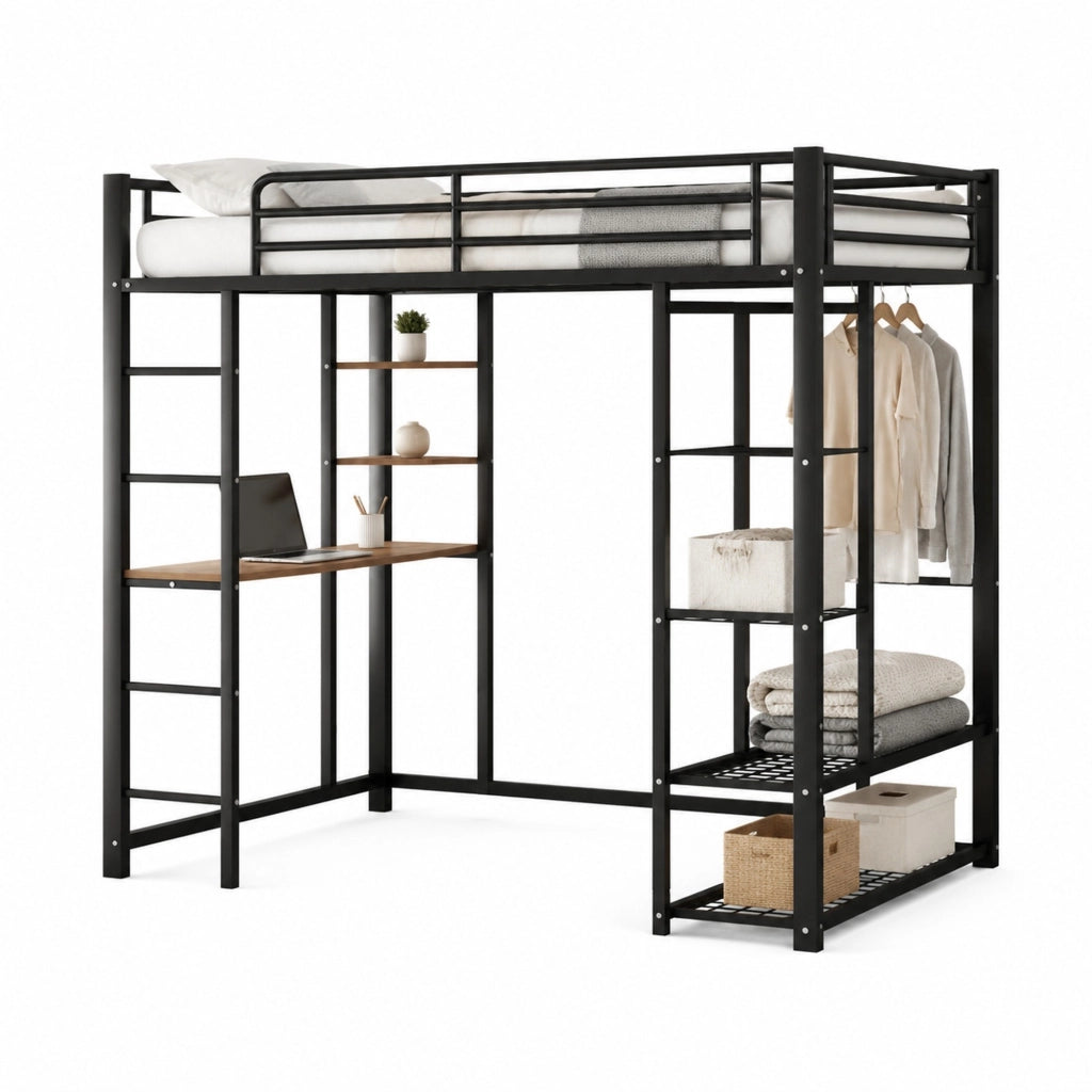 Letto a soppalco in metallo 140x200 cm con scrivania, guardaroba e ripiani, nero