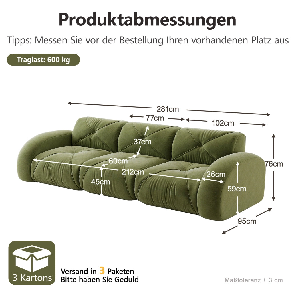 Divano modulare 3 posti senza telaio 281x95x76 cm in chenille verde