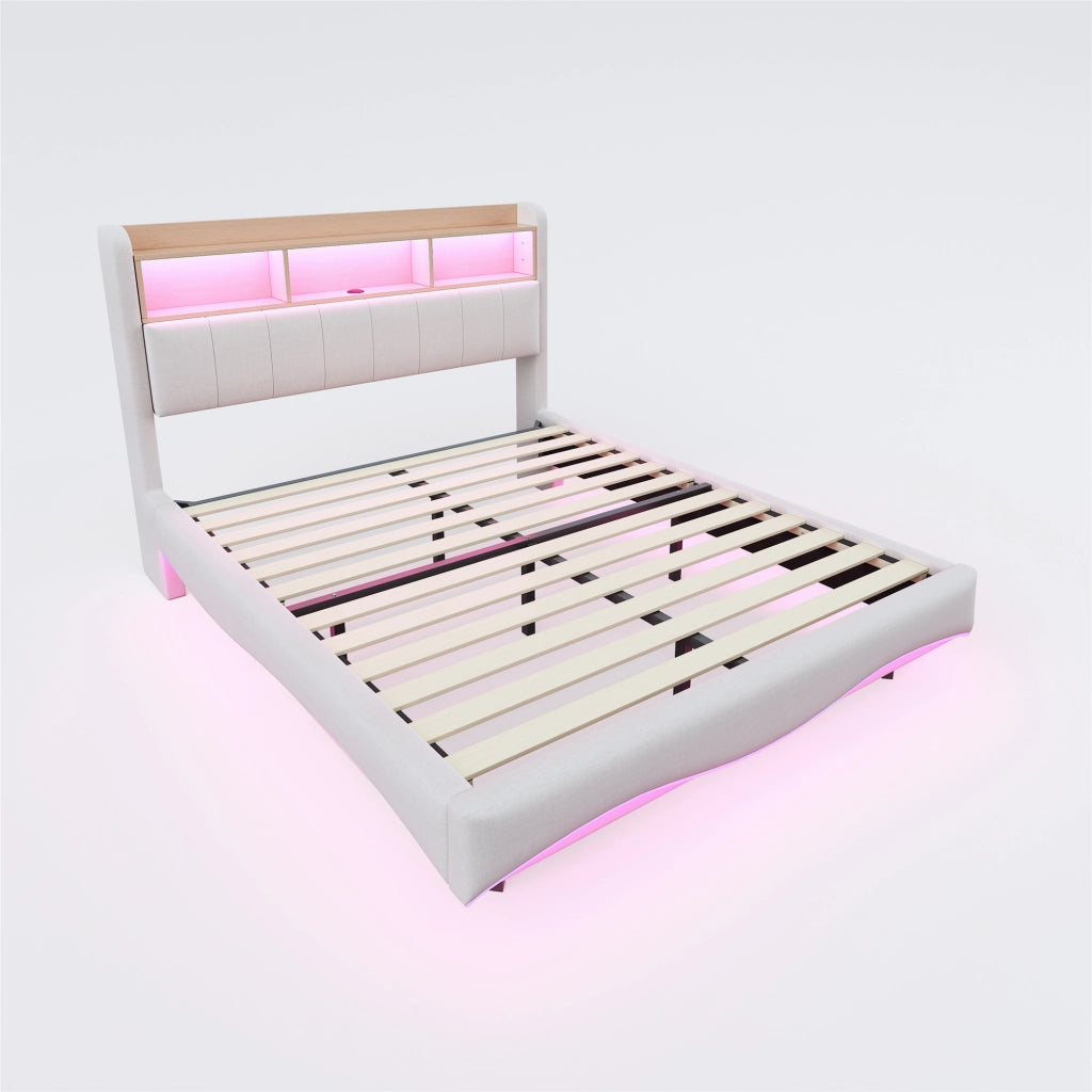 OKWISH Letto Contenitore 160×200 cm, Letto Matrimoniale con LED Regolabile, USB, Tipo C e Vano Testiera, senza Materasso, Beige