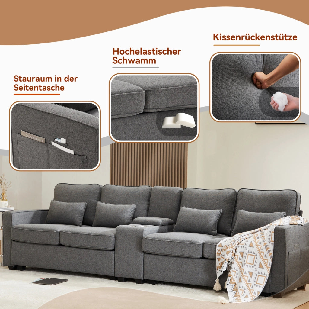 Divano 4 posti con console; 2 portabicchieri e USB; 290 × 83 × 88 cm; effetto lino grigio scuro