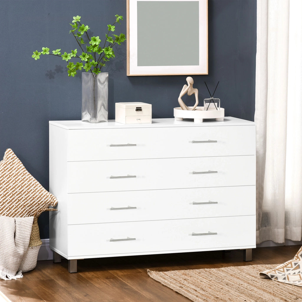 Cassettiera 4 Cassetti 112x38,2x81 cm in Legno con Maniglie in Metallo Bianco