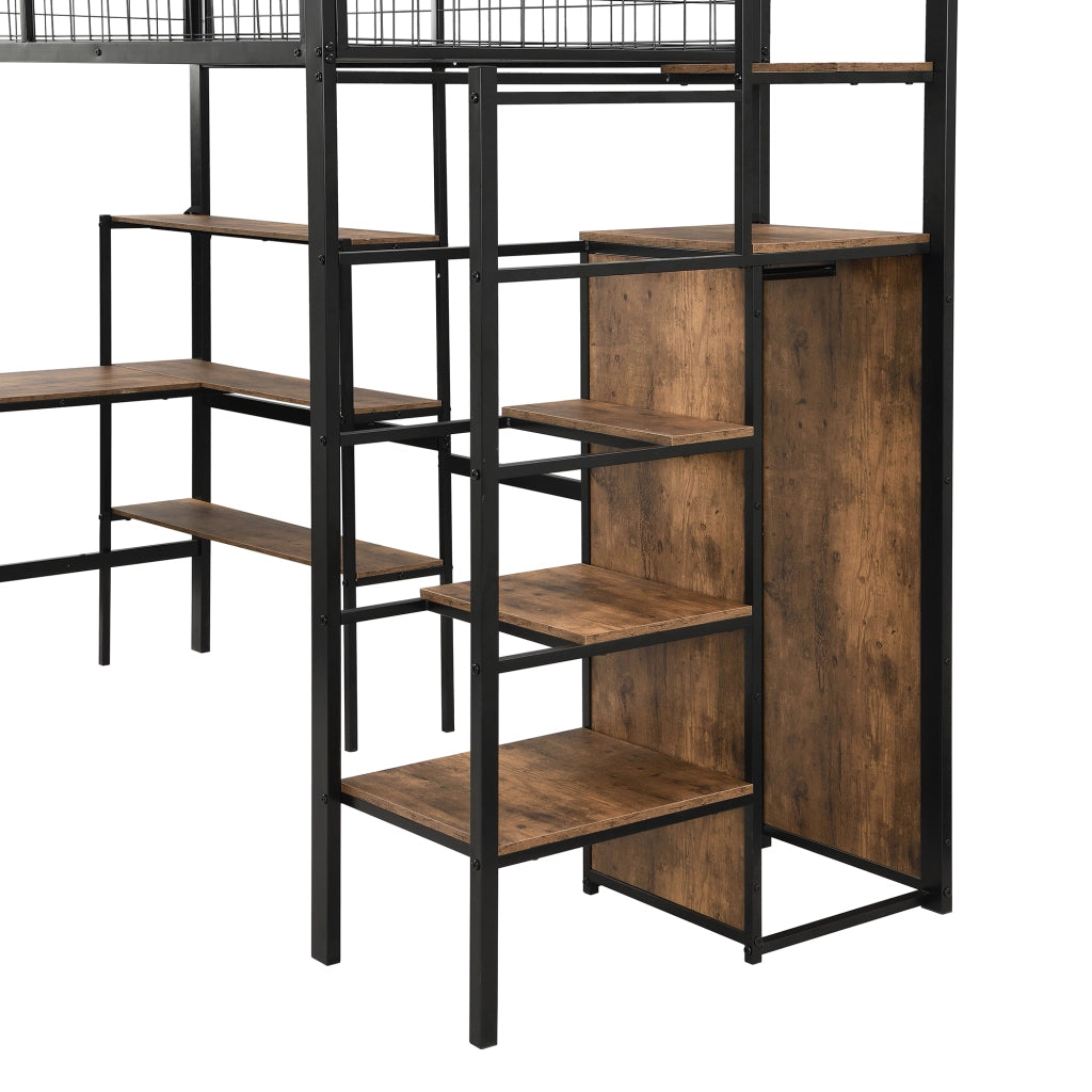 OKWISH Letto a Soppalco 90×200 cm, Letto Singolo con Scrivania, Mensole e Armadio, senza Materasso, in Metallo e MDF, Nero e Marrone