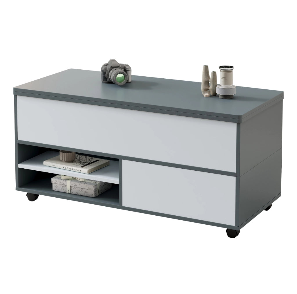 Tavolino da caffè sollevabile 100 x 98 x 65 cm in truciolare grigio e bianco; con ruote e contenitore