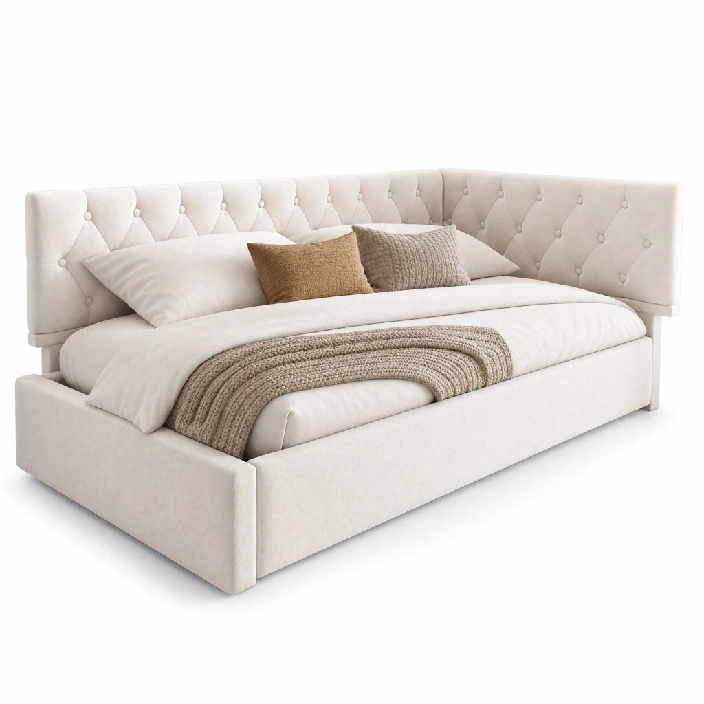 Letto giorno 90x190 cm in velluto beige con contenitore idraulico, struttura in metallo e rete a doghe, senza materasso