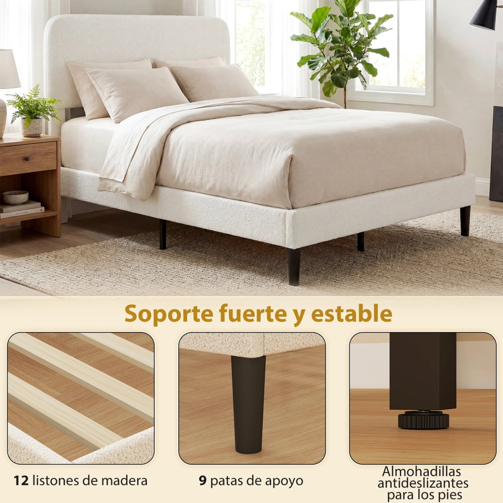 Letto Matrimoniale Imbottito con Testiera Regolabile in Altezza e Doghe di Legno ¨C Zephmum ¨C Bianco