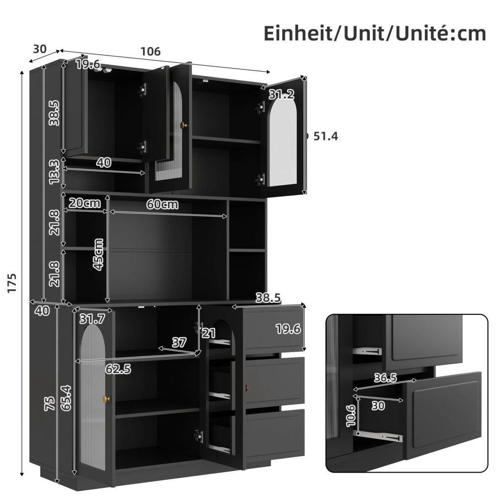 Credenza alta 106x30x175 cm in MDF nero， LED APP e contenitore cucina