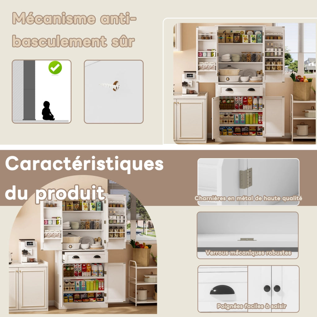 Credenza Alta da Cucina con 4 Ante; 1 Cassetto e 4 Ripiani Regolabili per Cucina in MDF 80 x 40 x 182 cm Bianco