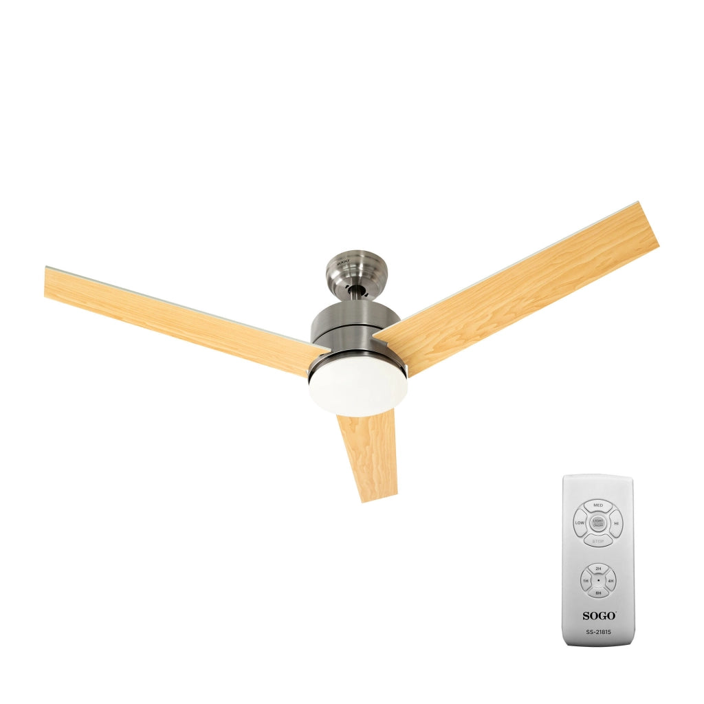 Ventilatore a soffitto 132cm con luce LED, 3 velocità, pale legno naturale, motore rame 85W silenzioso, telecomando - SOGO