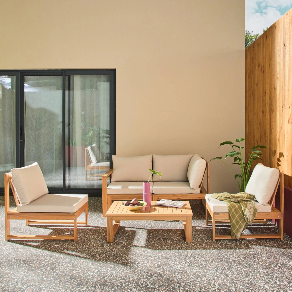 Salotto da giardino modulare in legno di acacia e tessuto beige, 4