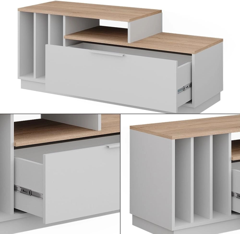 Lavagna Betti, Bianco/Sonoma, 120 x 49.9 cm con 1 porta, adatto per TV fino a 55 pollici e accessori multimediali