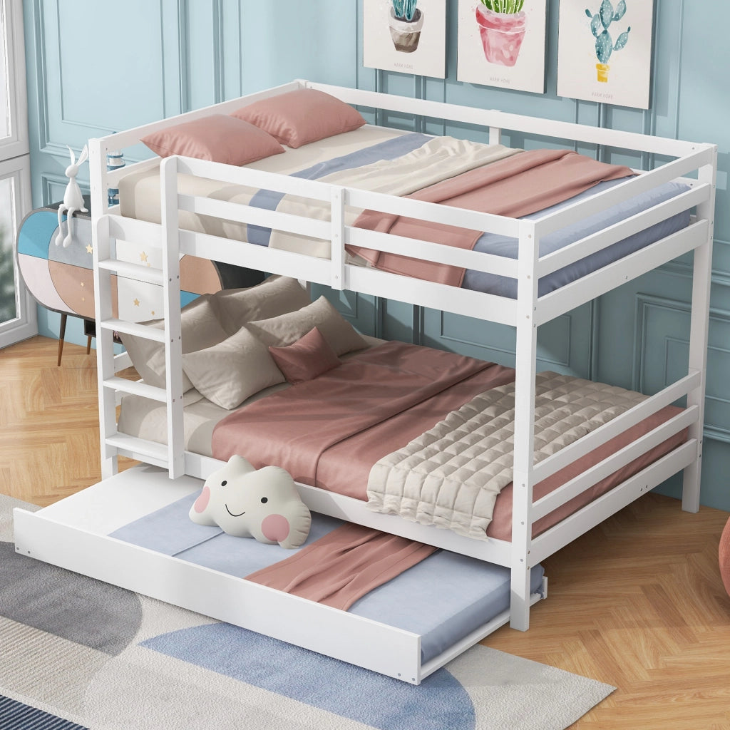 DESMIU Letto a castello 140 × 200 cm 3 posti con letto estraibile, senza materasso, in pino e MDF, bianco