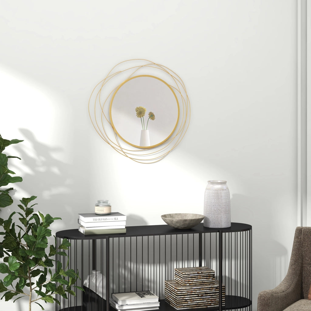Specchio Moderno e Rotondo Decorativo a Muro con Ganci, in Vetro e Metallo, ?65x1 cm, Oro