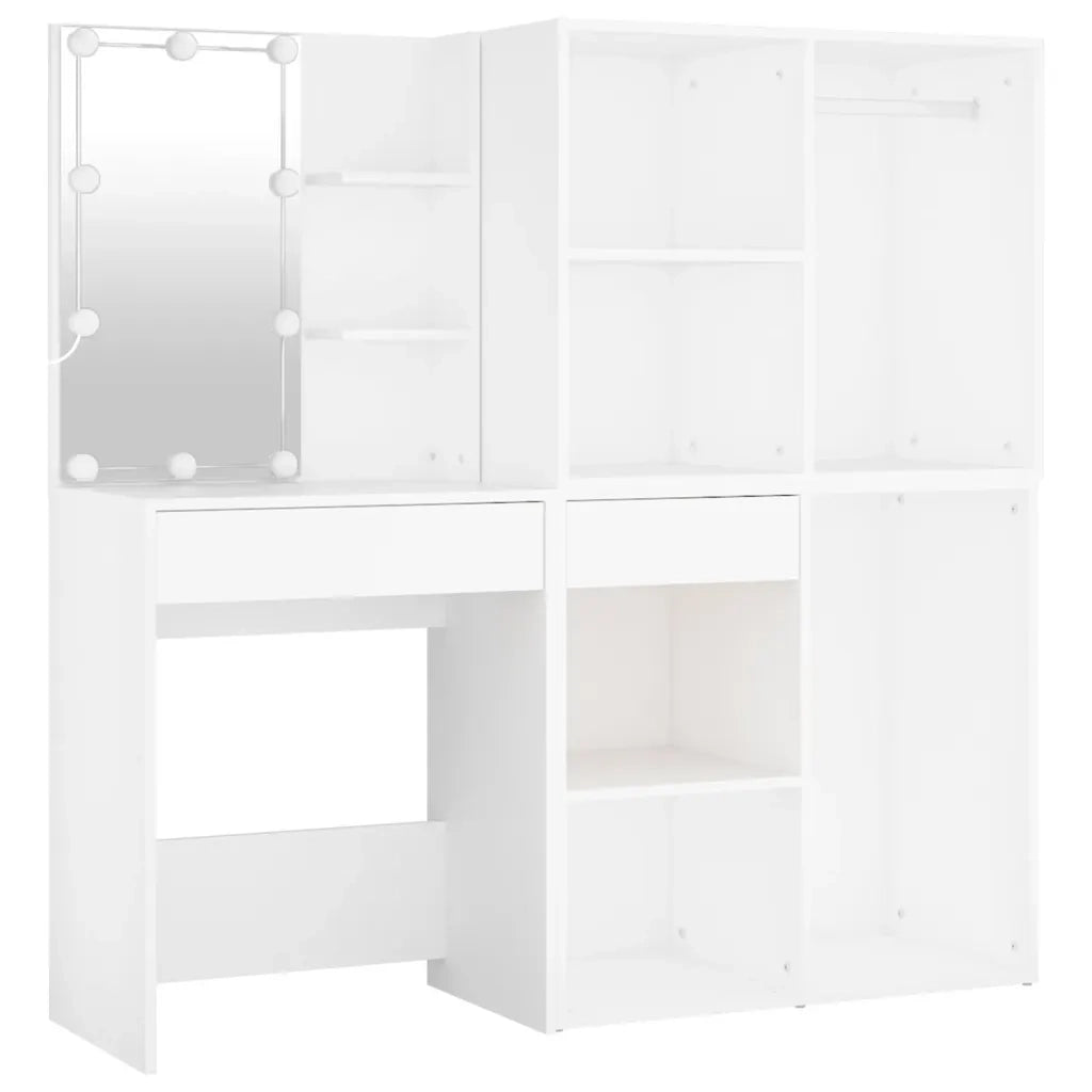 Toeletta | Tavolo da Trucco LED con 2 Armadietti in Legno Multistrato Bianco