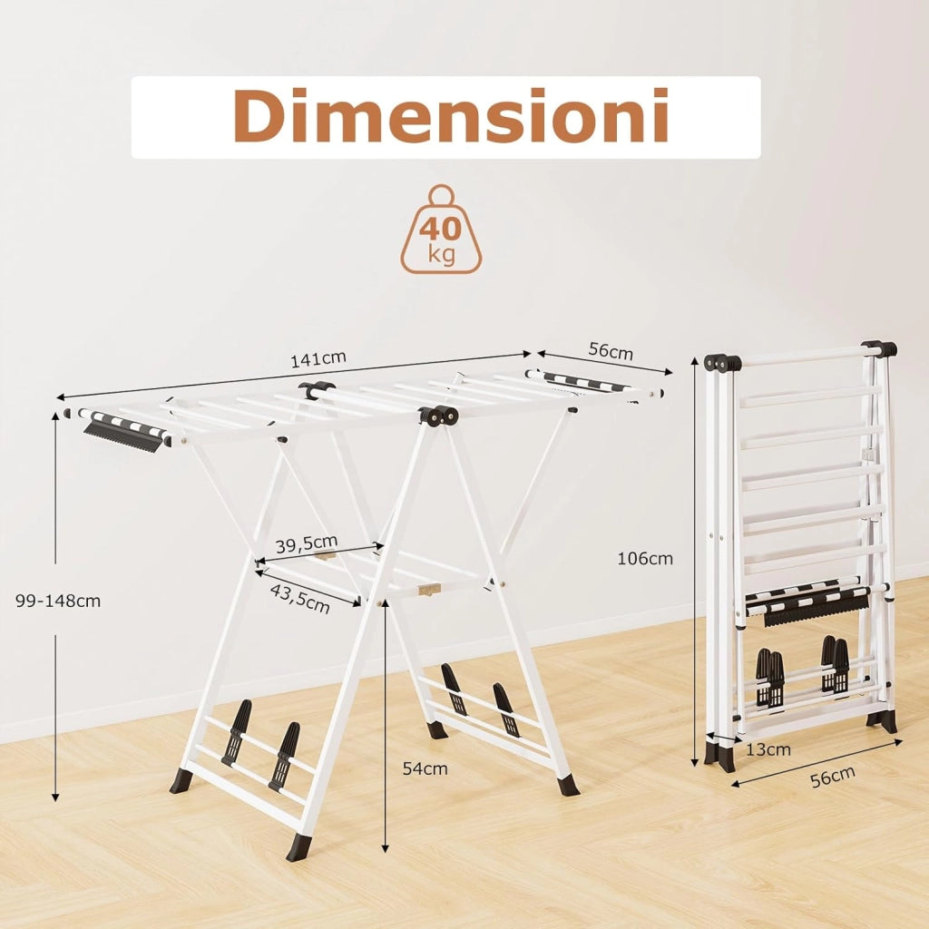 Stendibiancheria con 16 Barra, Stendino Pieghevole in Metallo con Ali Regolabili in Altezza, Clips per Calzini, Supporto per Abbigliamento Autoposante a Ali per Interno Esterno (Bianco)