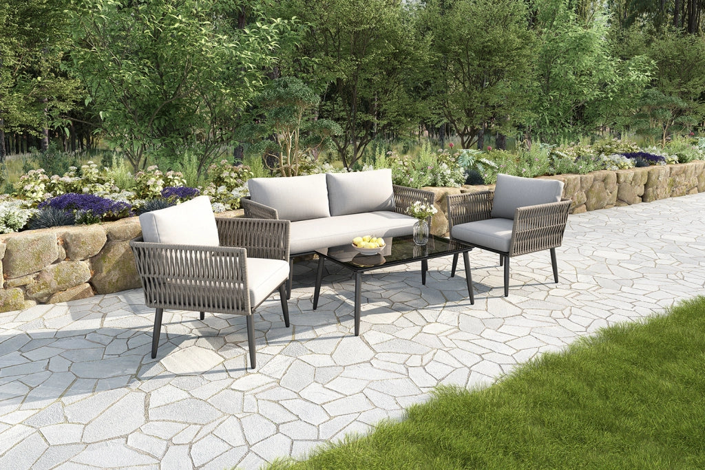 Set salotto giardino: Divanooo 2 posti + 2 poltrone + tavolo; corda PE intrecciata; vetro nero; acciaio
