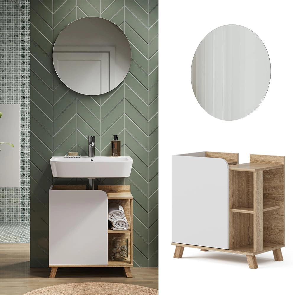 Set di mobili da bagno Karen, Sonoma/Bianco, 60 cm, composto da specchio da bagno e mobile sottolavabo