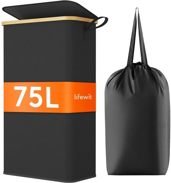 75L Wasmachine Slanciata con Coperchio, Wasmachine Slanciata Opvougbare con Wazak, Wasmachine a Bamboo con Maniglia Portatile per Appartamento, Studente e Caravane, Nero