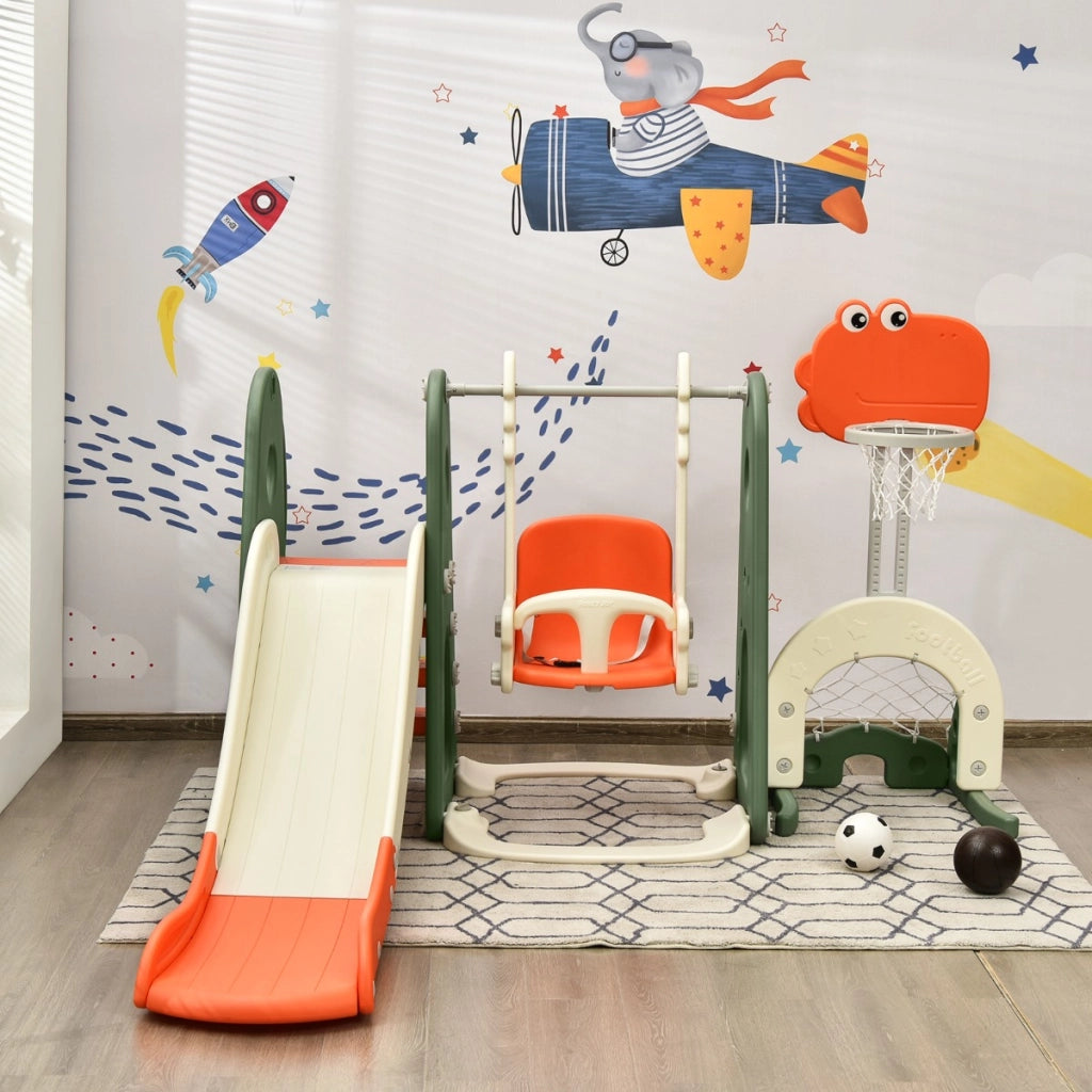 Set 6 in 1 scivolo con canestro per bambini per interni, Set giochi con altalena e porta da calcio Arancione-Arrampicate e scivoli