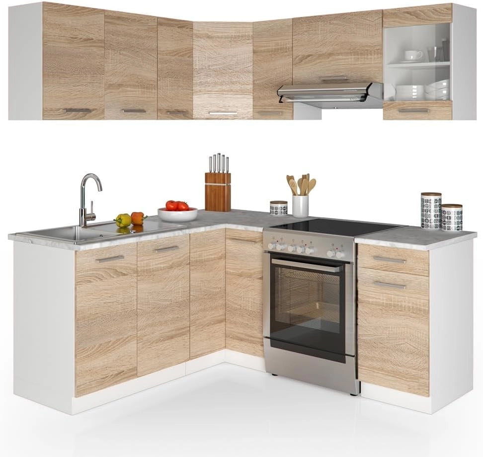 Cucina angolare completa Rick, Sonoma, 167 x 60 cm, PL Marmo con striscia LED