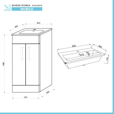 Mobile bagno da terra 60 cm salvaspazio grigio 2 ante Poket