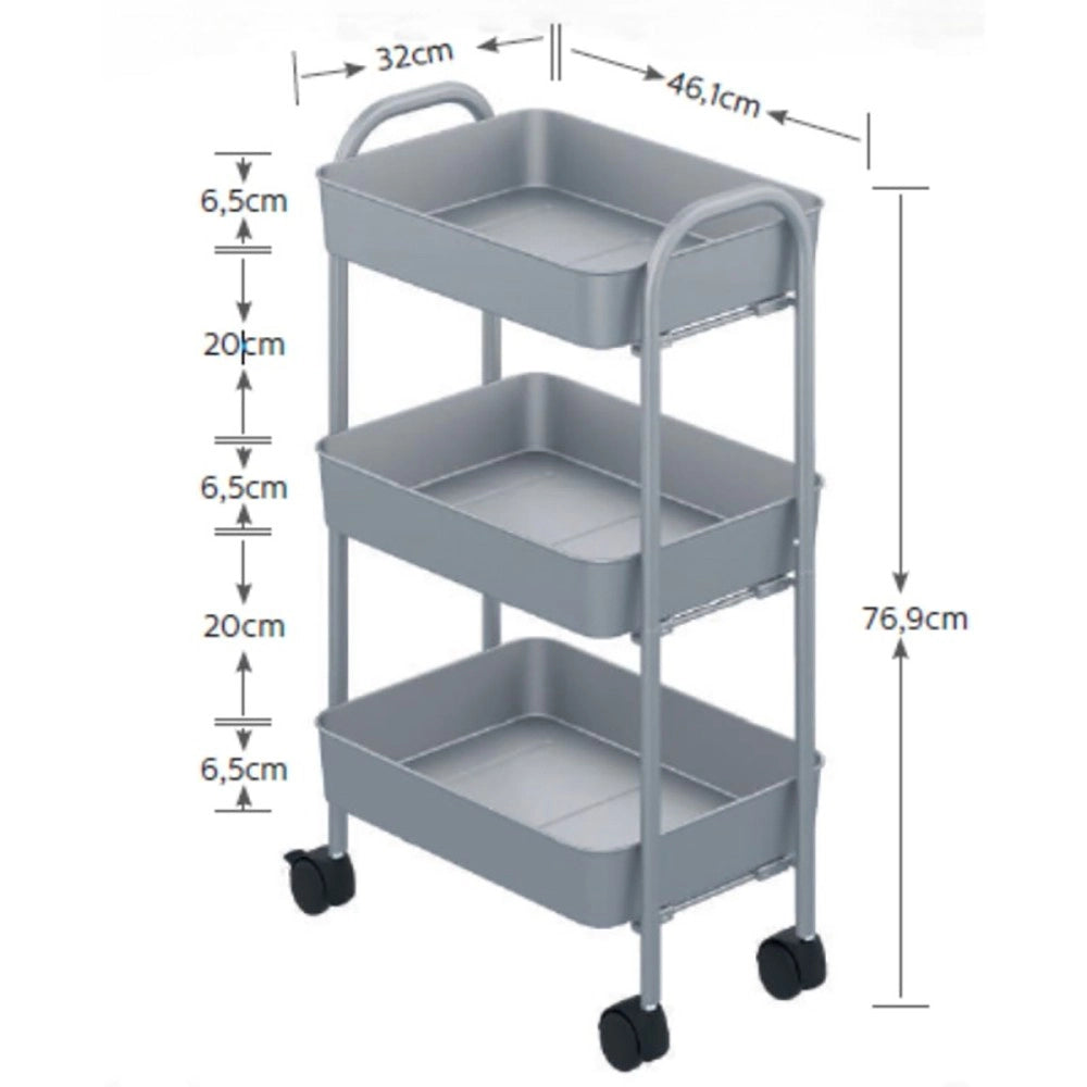Carrello da cucina 3 ripiani in metallo con ruote Tier 45.5x32x76.4H colore nero