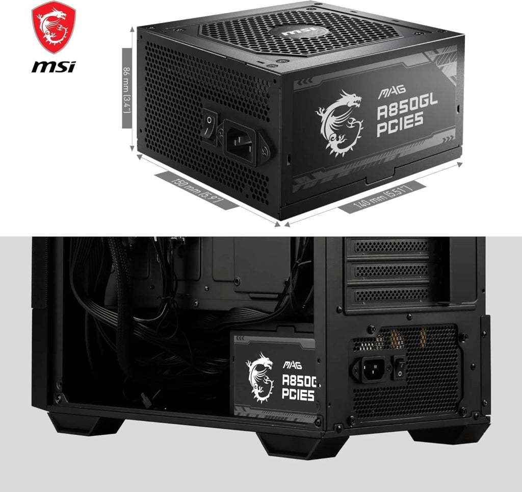 MAG A850GL PCIE5 Alimentatore 850W, 80 Plus Gold, completamente modulare, ATX 3.0, supporto GPU PCIe 5.0, ventola FDB da 120 mm, Full-Bridge LLC, cavi neri piatti