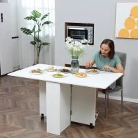 Tavolo Pieghevole Salvaspazio, 2 Ripiani Inferiori in Legno,  Tavolo Richiudibile Salvaspazio, con Ruote per 6 Persone, 75P x 140l x 74H cm, Bianco