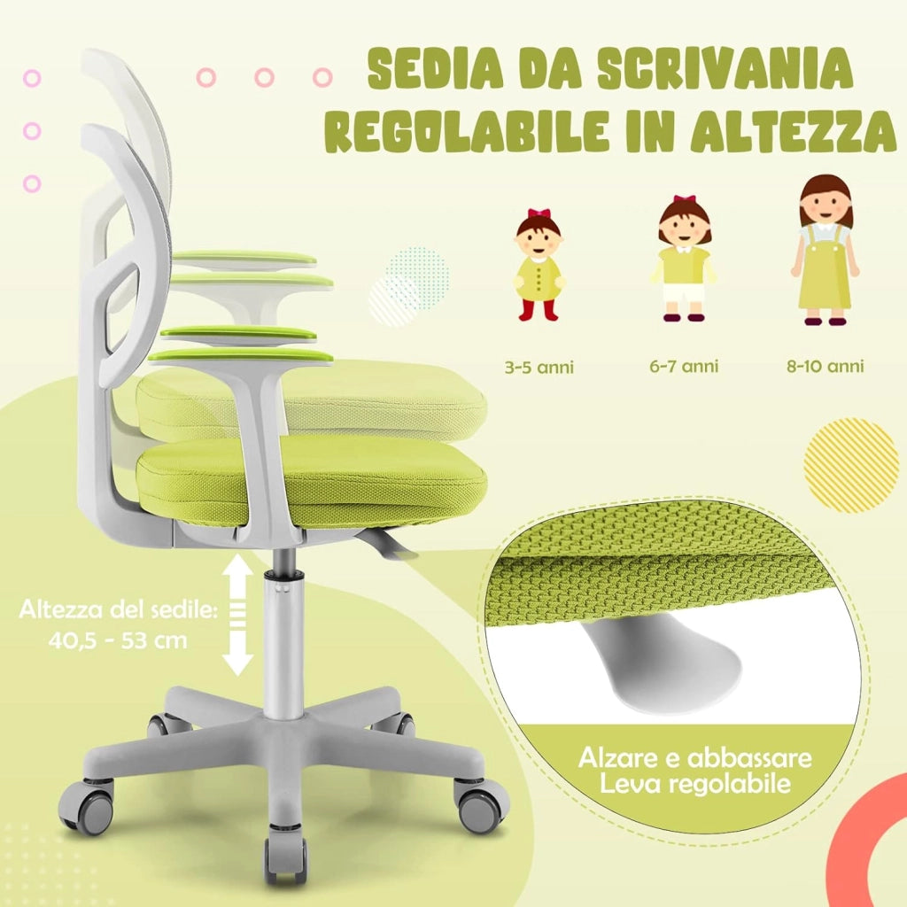 Sedia per Scrivania per Bambini, Sedia per Computer per Bambini con Altezza Regolabile, Ruote con Freni, Sedile Girevole a Rete, Sedia Ergonomica per Bambini 3-10 Anni (Verde)