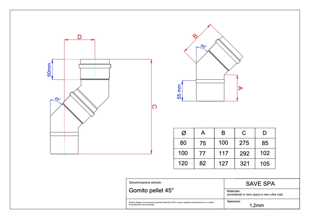 GOMITO A 45  ° PER STUFE A PELLET 'LIGHT'  EE ? 80 mm - SAVE
