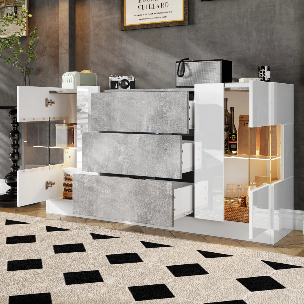 Credenza con 2 ante, 3 cassetti e LED a 16 colori, effetto marmo grigio e frontali bianchi, 140 × 35 × 75 cm