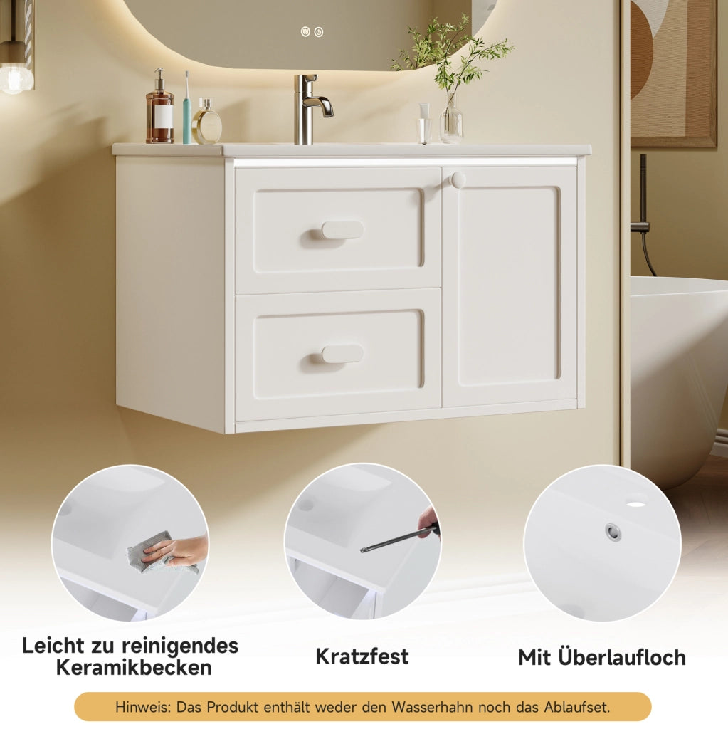Mobile lavabo sospeso 76x46x51 cm bianco con LED radar e 2 cassetti