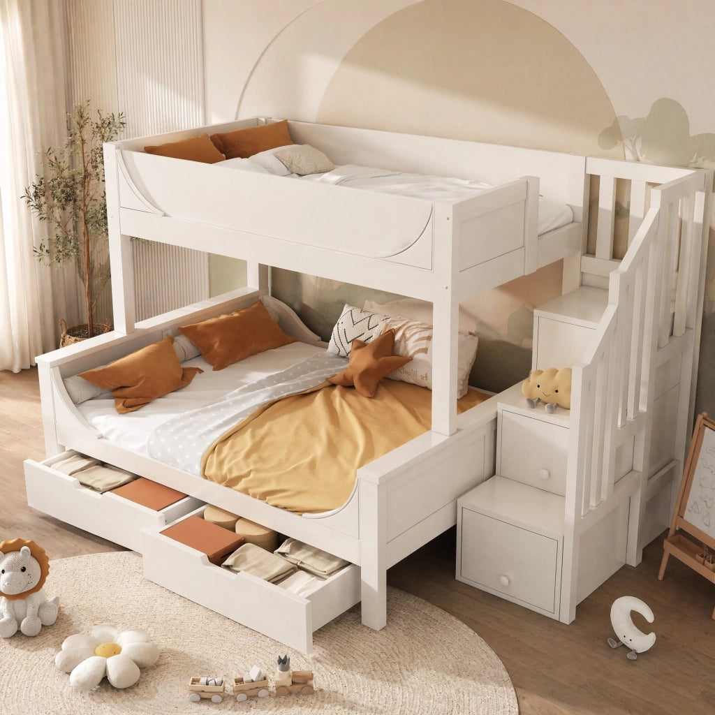 Letto a castello per bambini con scala-armadio e cassetti; 90/140x200 cm; bianco