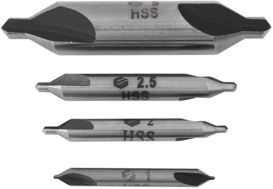 Set di foratura centrale 4 pezzi - Acciaio HSS 1/2/2,5/5 mm - Fine a doppio taglio - Precisione di posizionamento - Per metalli - Affilato e resistente - Set di fori
