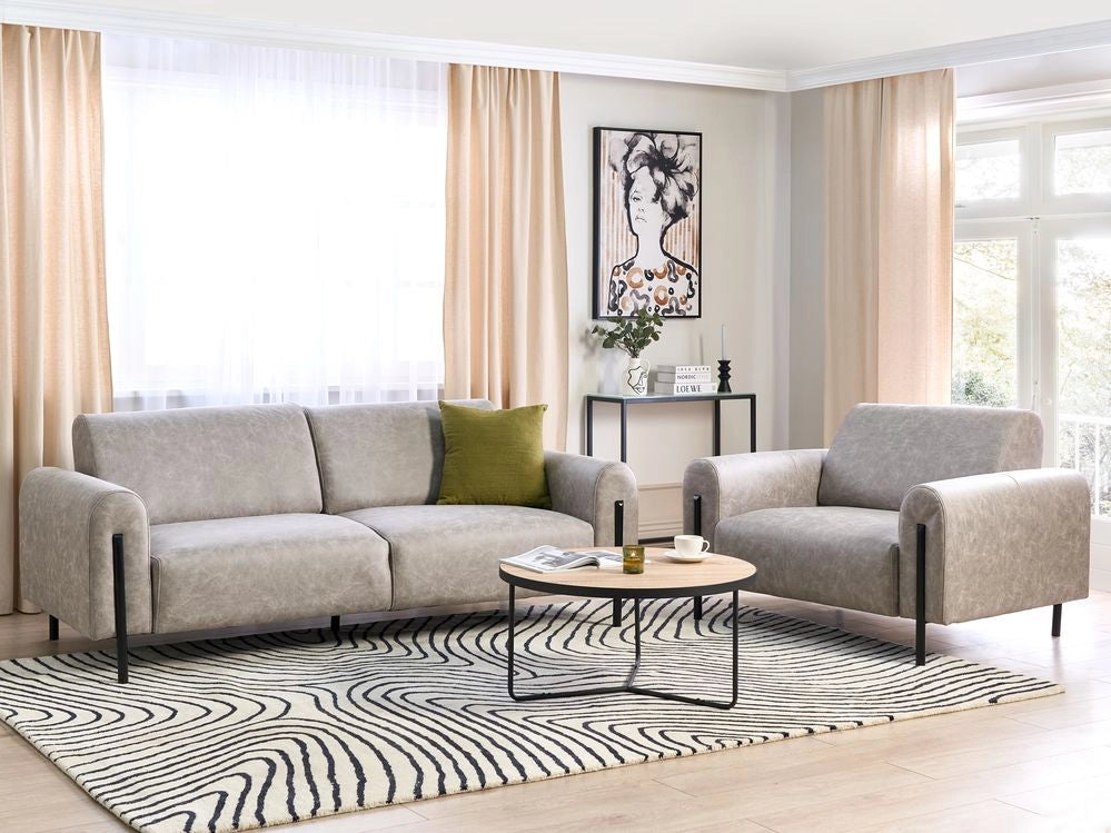 Set soggiorno divano 3 posti e poltrona imbottita in tessuto grigio con schienale regolabile stile moderno