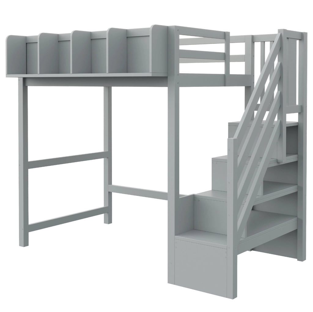 Letto a soppalco 90x200 cm in legno grigio con LED; sponde di sicurezza; ripiani e scala