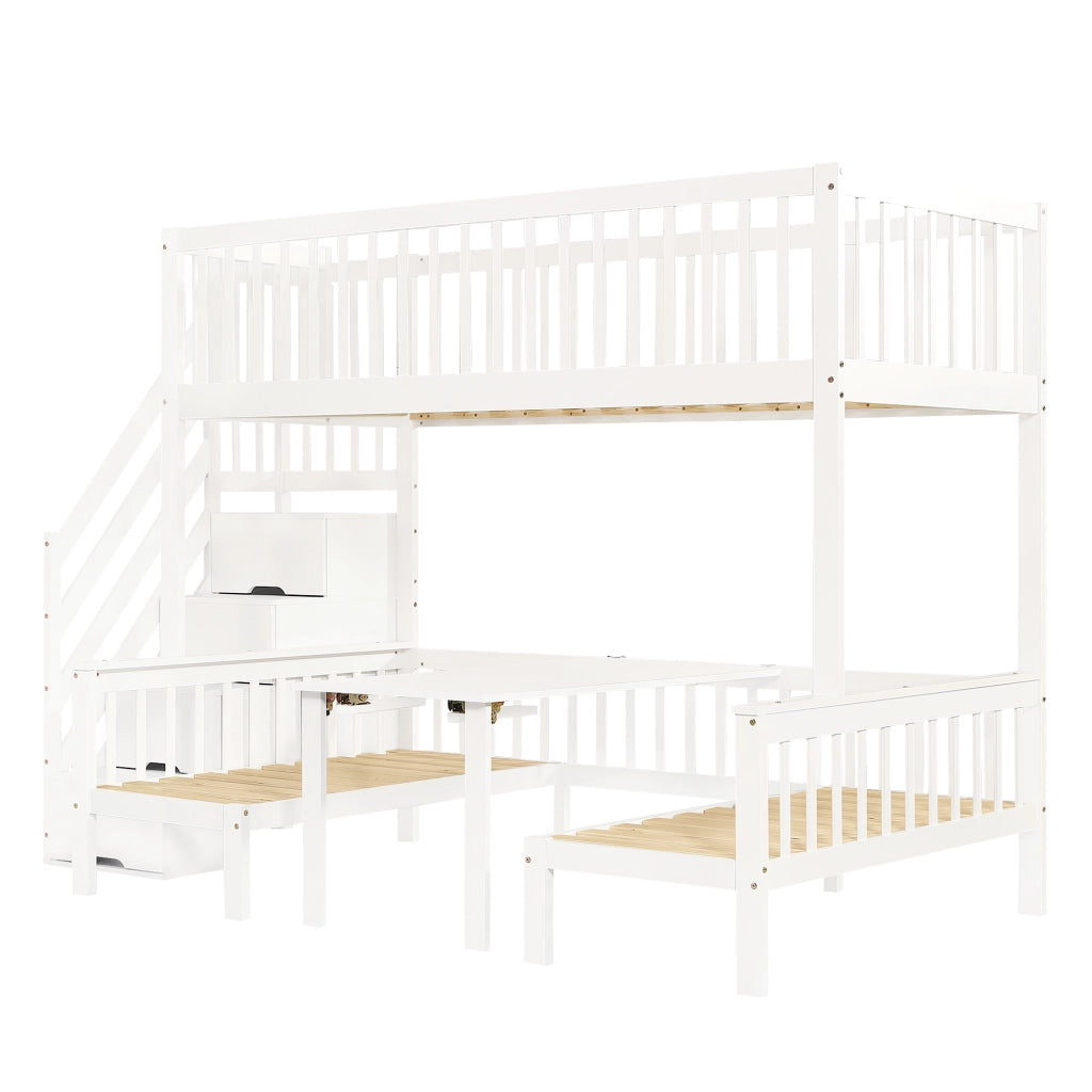 Letto a Castello 90x200 cm e 120x200 cm; con Tavolo Regolabile; Scala Contenitore e Sponda; Bianco