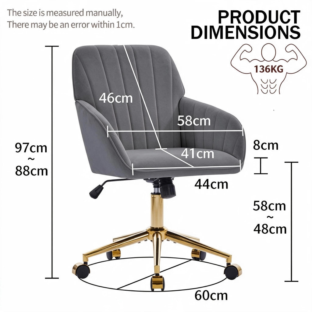 Sedia da ufficio girevole con altezza regolabile, schienale ergonomico e seduta imbottita in velluto grigio