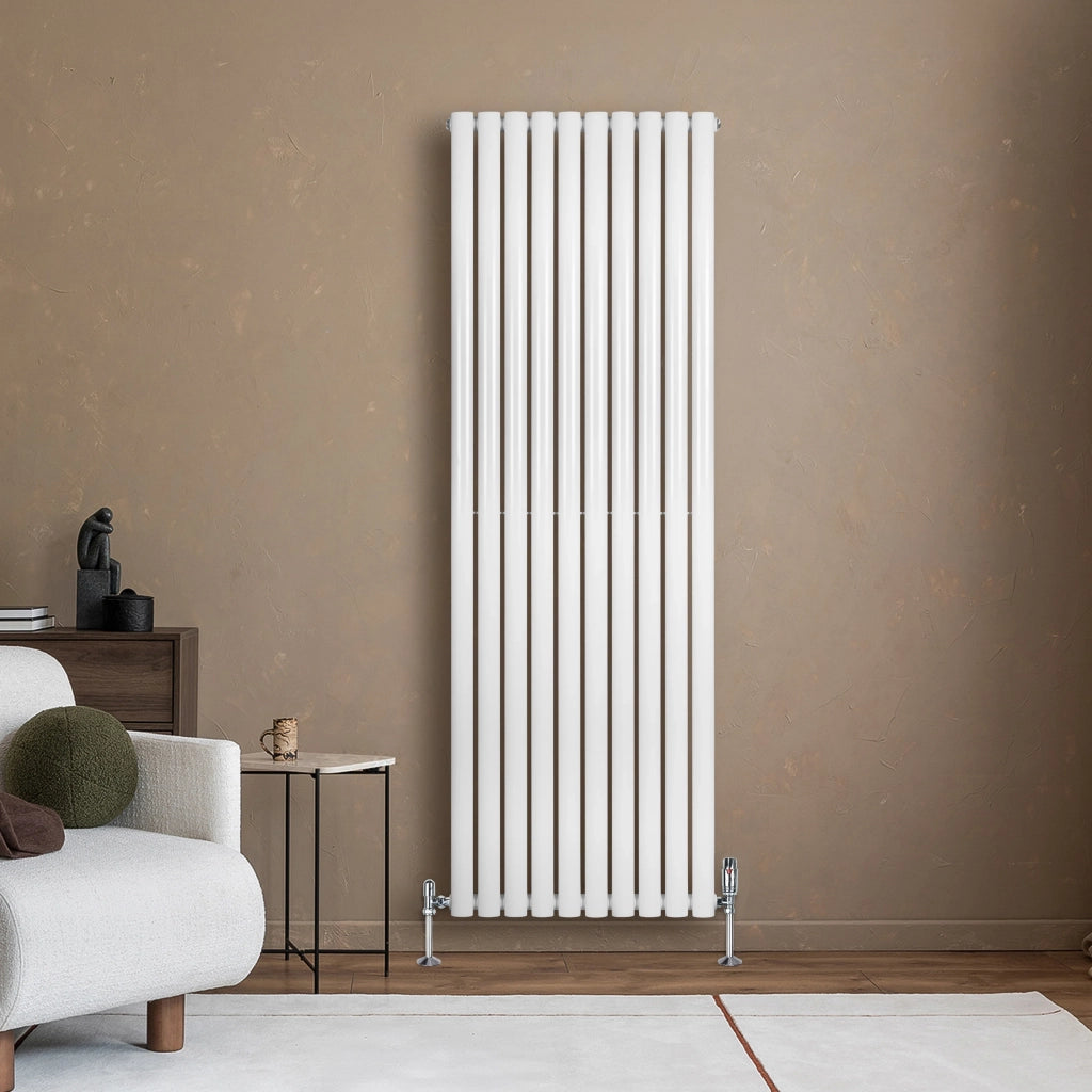 Radiatore Verticale Ovale 1800x600mm Bianco con Valvole TRV