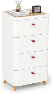 Cassettiera a 4 Cassetti in PP, con Vassoio Rimovibile, Armadio di Stoccaggio Verticale con Gambe in Legno Massello, per Camera da Letto, Soggiorno e Bagno, 42 x 32 x 81 cm