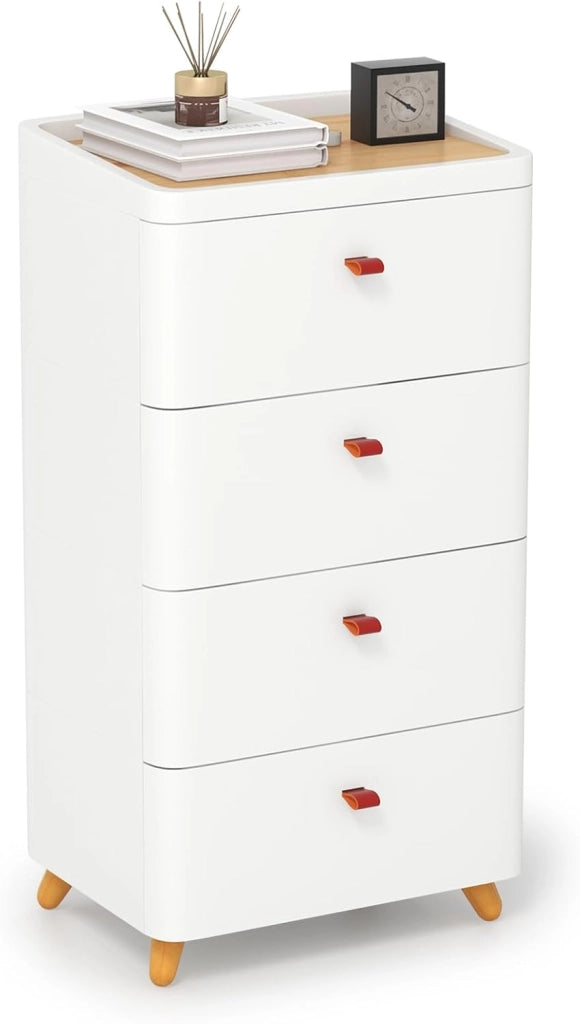 Cassettiera a 4 Cassetti in PP, con Vassoio Rimovibile, Armadio di Stoccaggio Verticale con Gambe in Legno Massello, per Camera da Letto, Soggiorno e Bagno, 42 x 32 x 81 cm