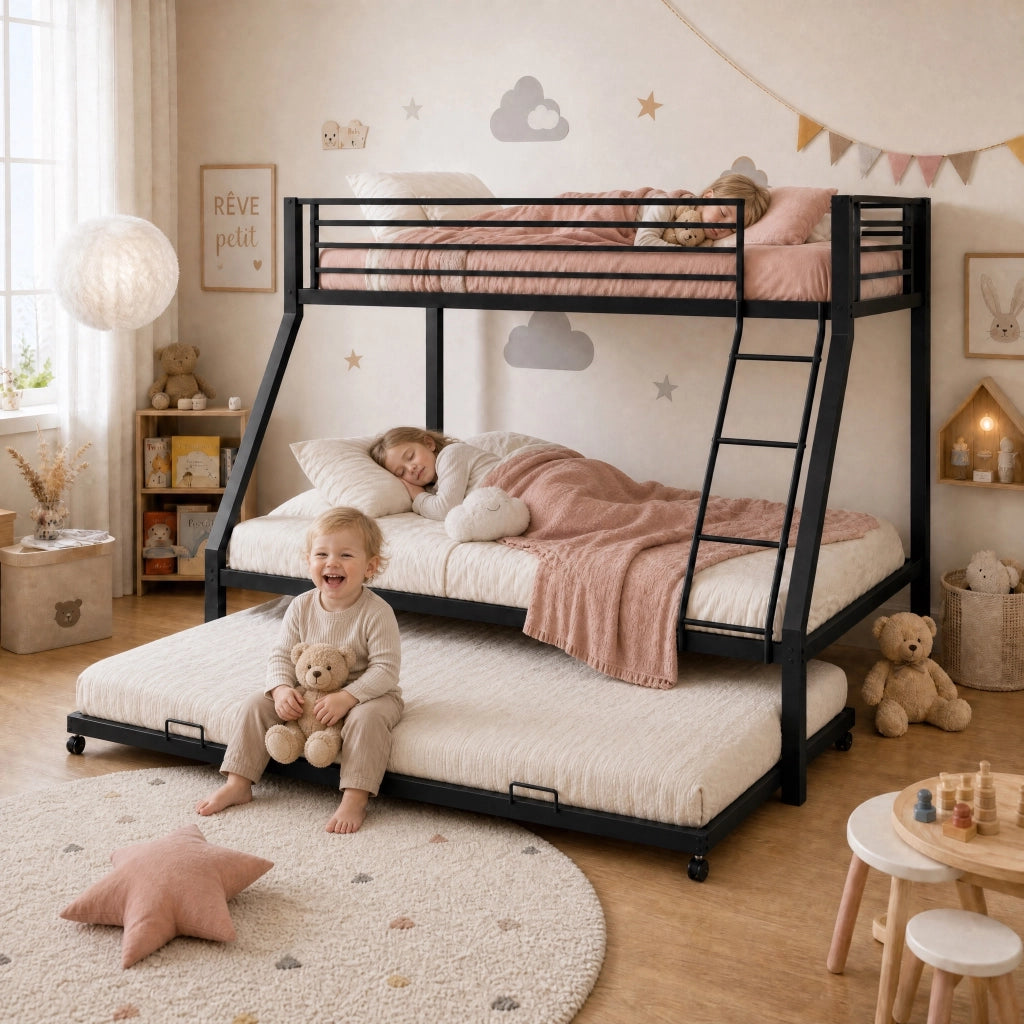 Letto a castello 90 × 200 cm e 140 × 200 cm con letto estraibile 90 × 190 cm, senza materasso, nero